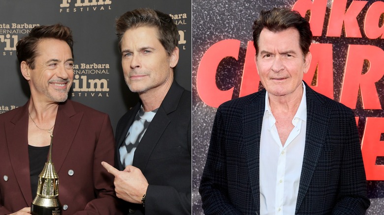 Side by side photos of Rob Lowe with Robert Downey Jr. and Charlie Sheen