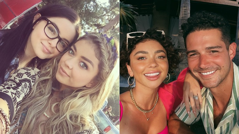Sarah Hyland rocking blond extensions on set next to Ariel Winter & what Hyland's hair looked like after wrapping the series