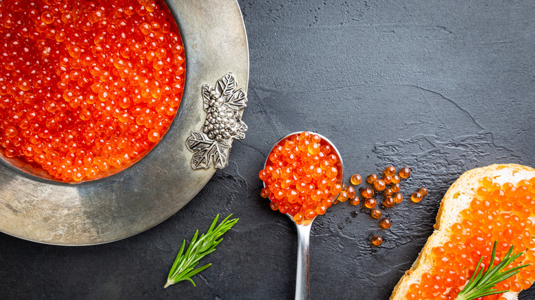 Caviar in a plate and spoon