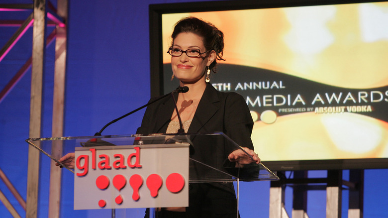 Kimberly Guilfoyle standing at podium at GLAAD awards
