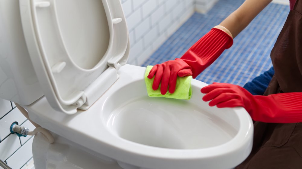 Woman cleaning toilet