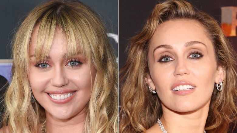 left-side image shows a blonde Miley Cyrus with shorter teeth