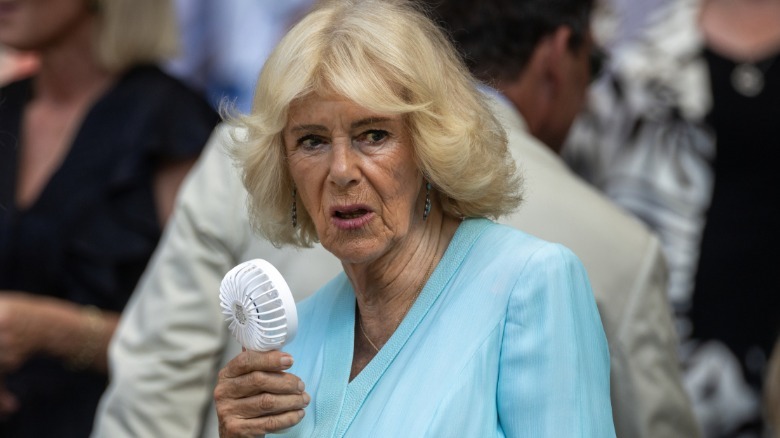 Queen Camilla uses a mini fan at Wimbledon Day 10