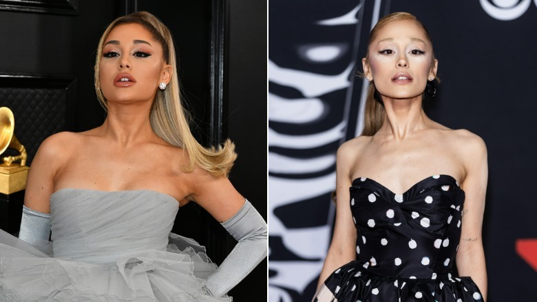 A before and after image showing Ariana Grande's weight loss