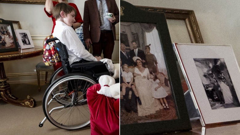 A framed photograph of Meghan Markle and Prince Harry's wedding inside the home of King Charles