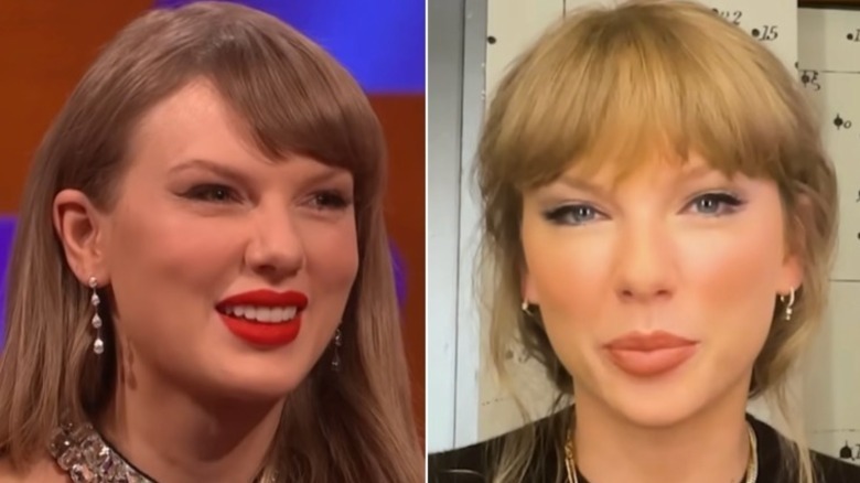 Split image of two closeup shots of Taylor Swift in 2025