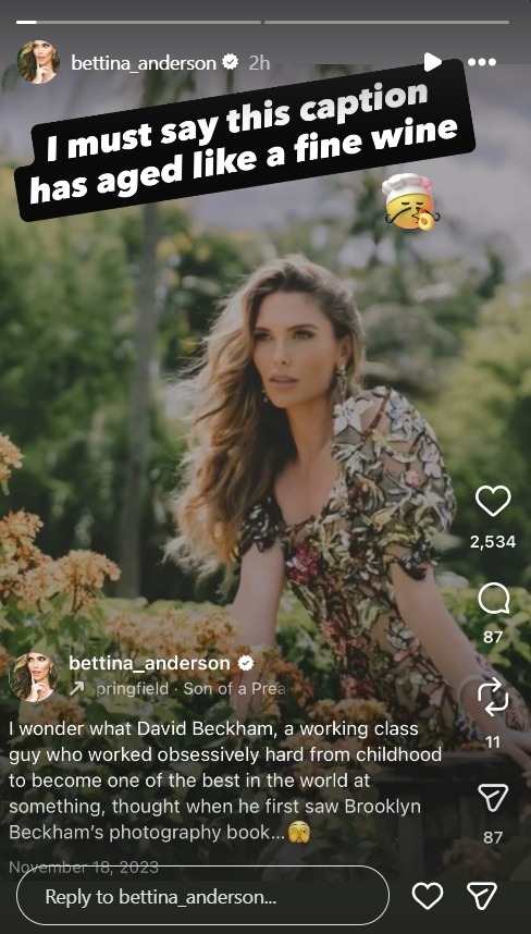 Screenshot of an Instagram story depicting Bettina Anderson and a caption in reference to David Beckham being upset with son Brooklyn Beckham (2025)