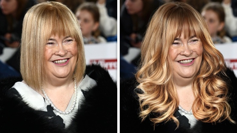 split screen of Susan Boyle smiling with a bob and Susan Boyle with Photoshopped long hair