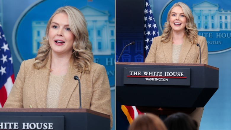 Karoline Leavitt speaks at the podium