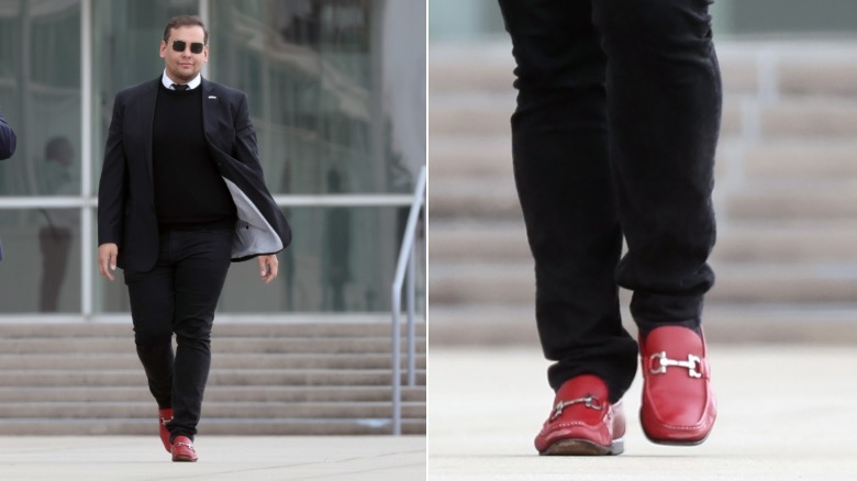 split screen of George Santos walking and a close-up of his red shoes