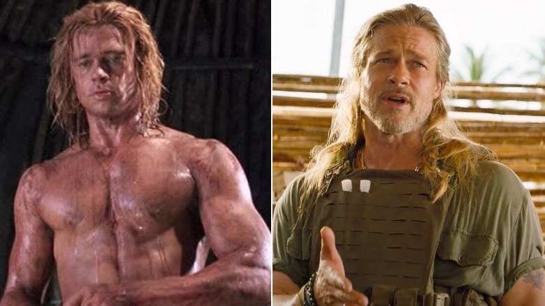 Two images of Brad Pitt. The first is Pitt in the film Troy. The second is the actor in the movie The Lost City.