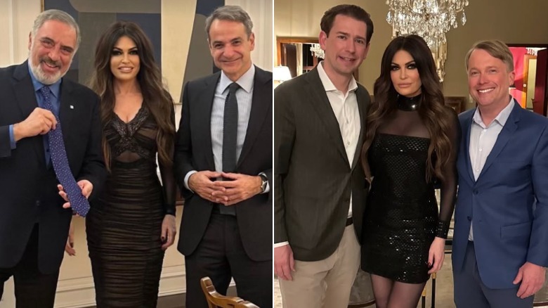 split screen of Kimberly Guilfoyle smiling and standing between two men