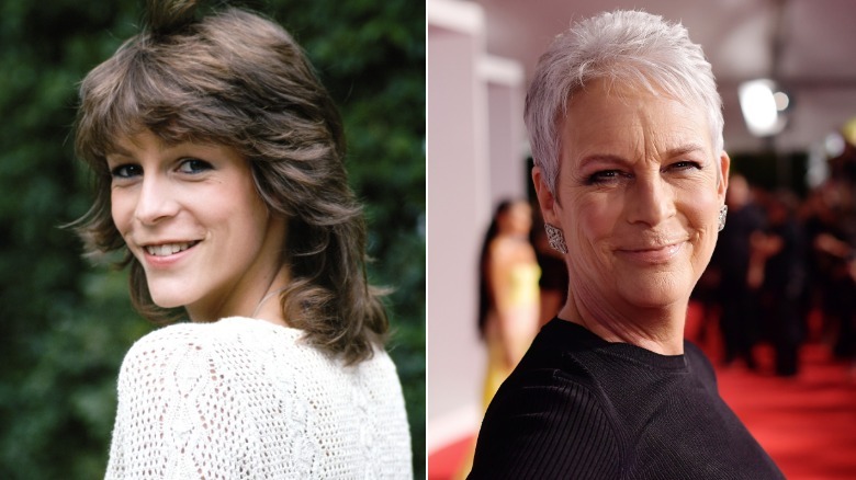 Two images of Jamie Lee Curtis. The first shows Curtis in the late 1970s with long brown hair. The second is from 2026