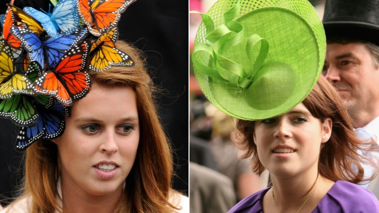 split screen of Princess Beatrice with a butterfly hat and Princess Eugenie with a big lime green hat