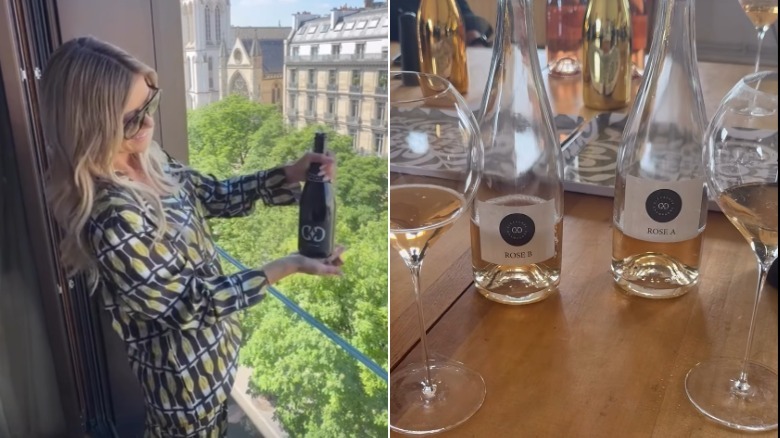 (Left) Christina Haack on a balcony in Paris in a champagne themed pajama set holding a bottle from her brand