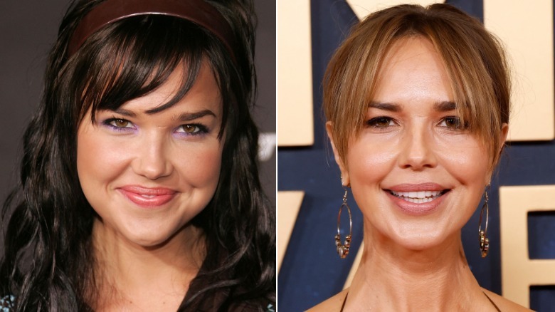 Split image of Arielle Kebbel with long black hair and bangs and short