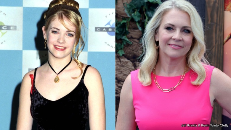 Melissa Joan Hart in a tank top in the 90s and a pink top in 2025