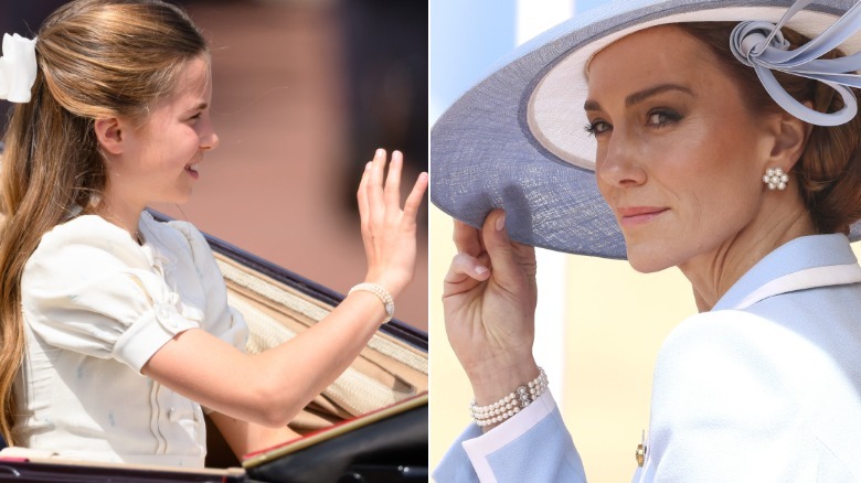 (Left) Princess Charlotte waves at the crowd during the 2026 Trooping the Colour proceedings; (Right) Kate Middleton adjusts her hat during the 2026 Trooping the Colour