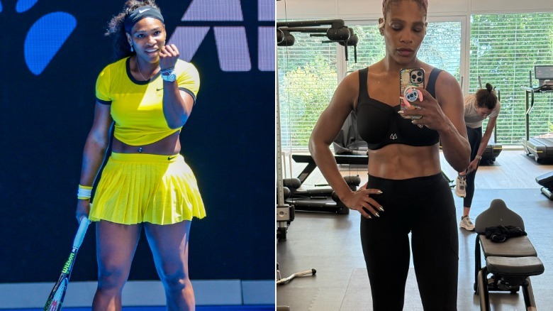 (left) Serena Williams raises her first after scoring at the Australian open