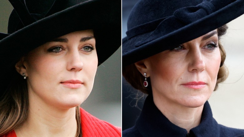 Kate Middleton at the Sovereign's Parade at Sandhurst Military Academy in December 2006 (left)