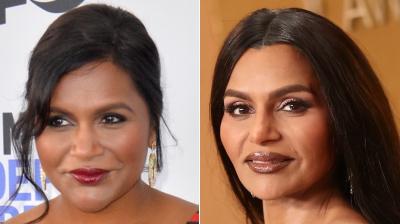 Mindy Kaling on the left at the Independent Spirit Awards in 2020 and on the right at The Actor Awards in 2026