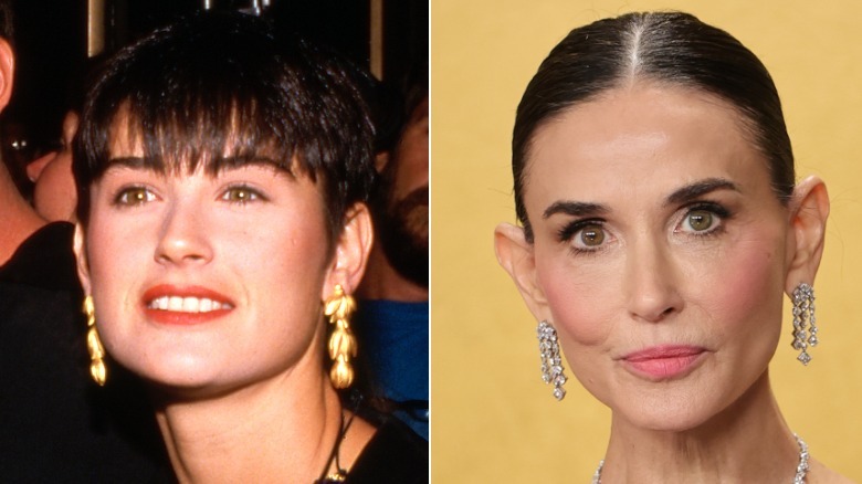 split screen of Demi Moore smiling in 1989 and looking serious in 2026