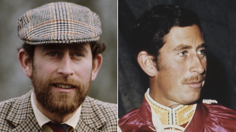 Side-by-side photos of a young King Charles III with a beard and a mustache