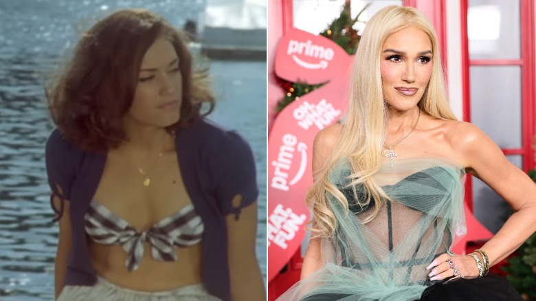 Split image of Gwen Stefani with brown bob (left) and blonde hair (right)