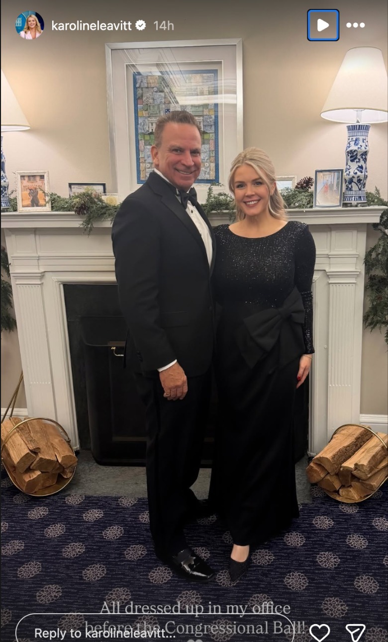 Instagram Stories post of Nicholas Riccio and Karoline Leavitt dressed formally