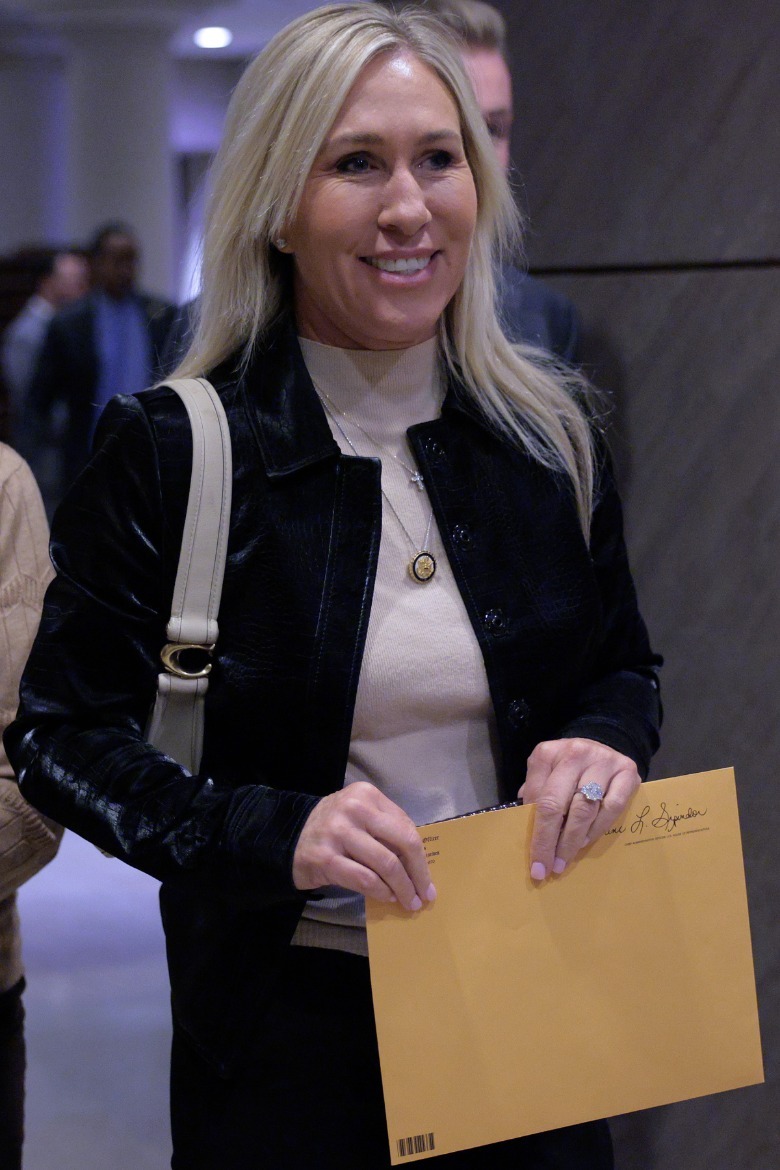 Marjorie Taylor Greene shows off her engagement ring on Capitol Hill in Washington