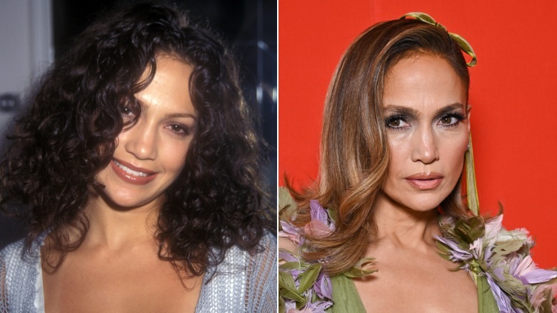 (Left) Jennifer Lopez in 1996 with curly dark brown hair