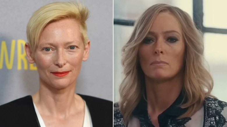 Two images of Tilda Swinton. The first is the actor on the red carpet for Trainwreck. The second is Swinton as they appear in the movie.