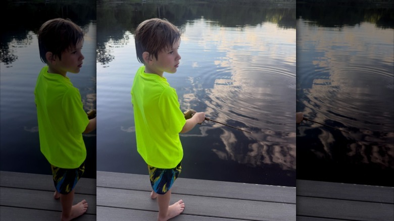 Jenna Bush Hager's son Hal fishing in a bright yellow shirt
