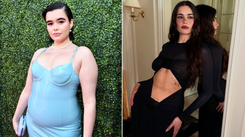 (Left) Barbie Ferreira in a latex baby blue dress and slicked back bob