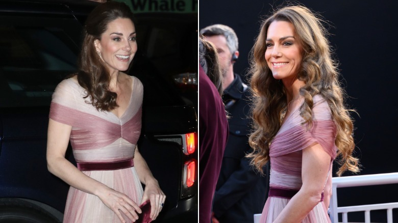 Kate Middleton on the left in 2019 wearing the same pink Gucci dress on the right in 2026 at the BAFTAs