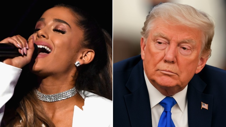 left image shows Ariana Grande performing at a concert