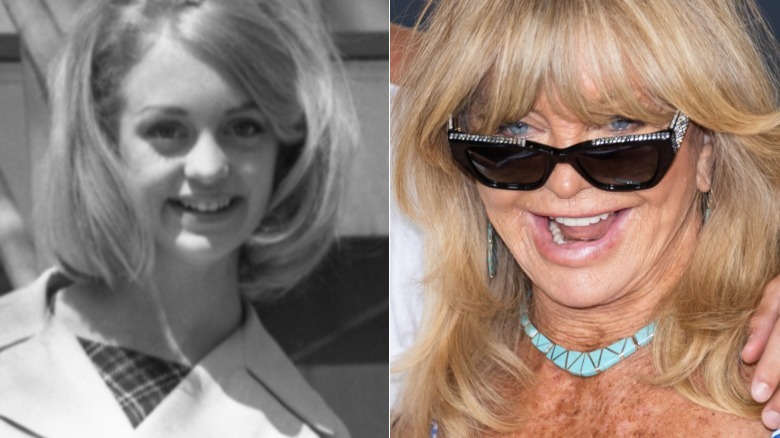 Goldie Hawn in 1964 next to a photo of Goldie Hawn in 2025