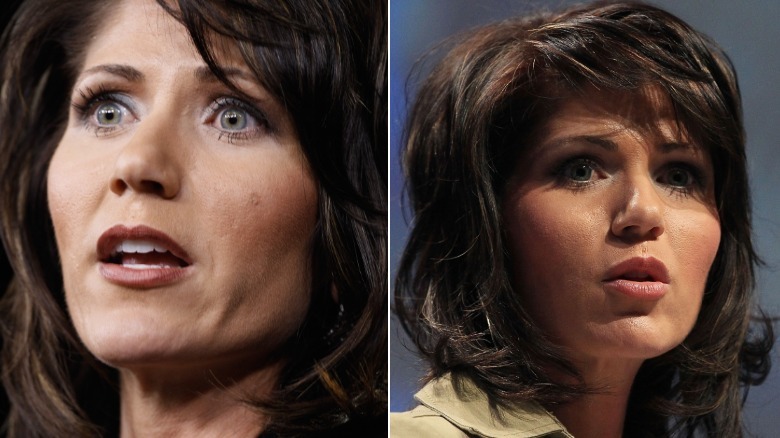 split screen of Kristi Noem looking surprised and deep in thought