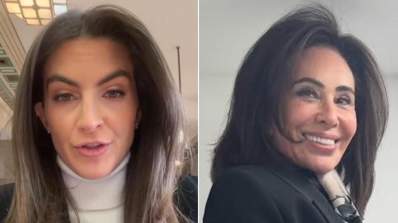split screen of Kaitlan Collins looking serious and Judge Jeanine Pirro smiling
