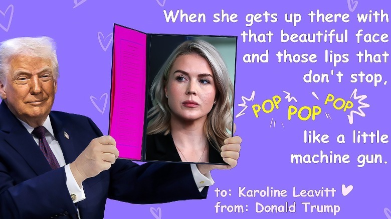 A photoshopped image of Donald Trump holding up a photo of Karoline Leavitt. The text reads