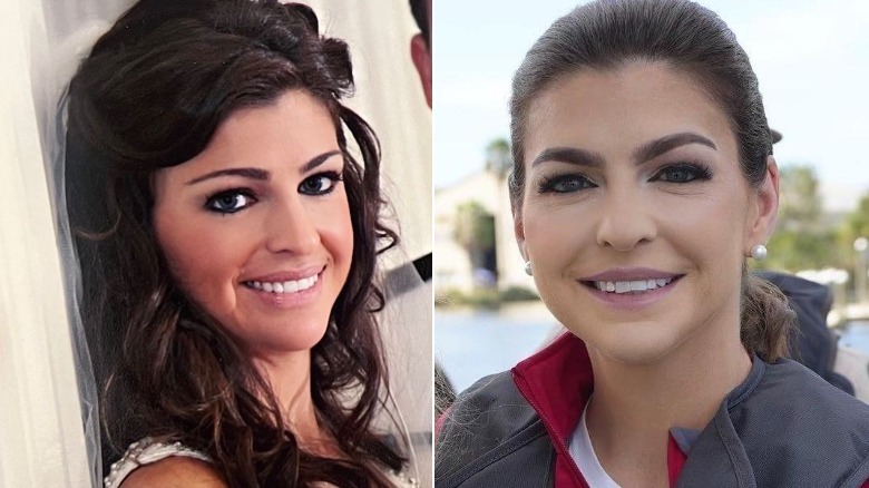(Left) Casey Desantis on her wedding day in 2009; (Right) Casey Desantis posing on a boat to check on Hurricane relief in Florida