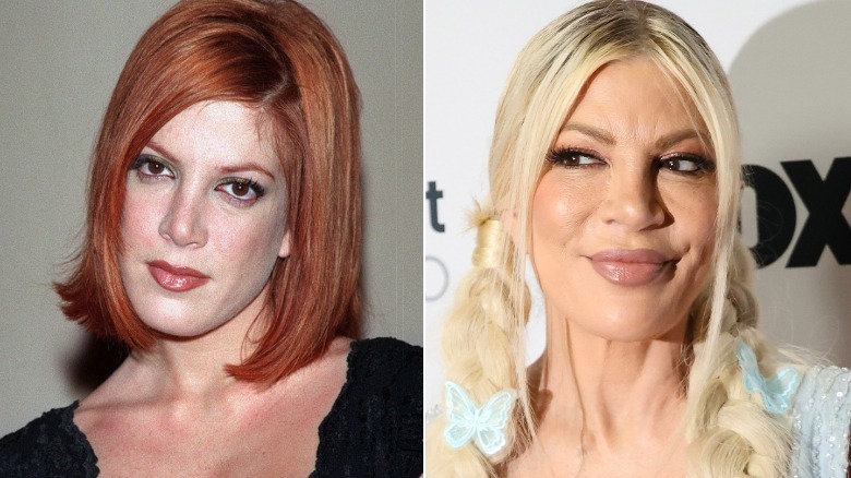 Two side-by-side images of Tori Spelling