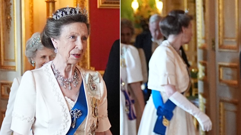 Split image of Princess Anne with her hair in a bun