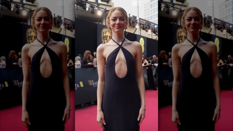 Emma Stone looking thin in a black dress at the 2026 BAFTAs
