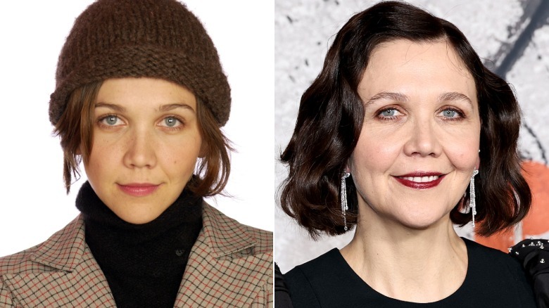 (Left) Maggie Gyllenhaal posing for a photoshoot at Sundance Film Festival after her 2002 film