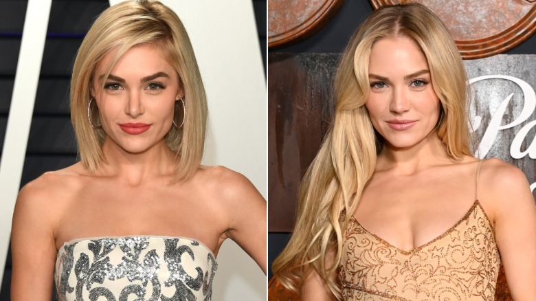 (Left) Michelle Randolph at the 2019 Vanity Fair Oscars Afterparty in a creme and silver embellished dress with a blunt blonde bob; (Right) Michelle Randolph at the 2024 premiere of Landman with her long blonde hair swept onto one shoulder