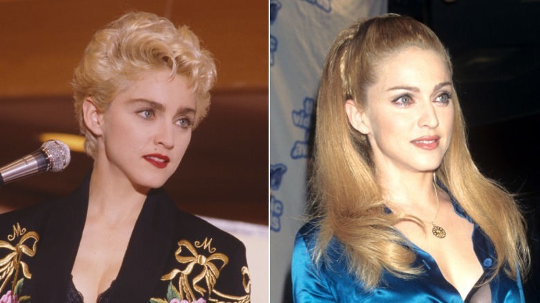 (Left) Madonna in Japan at a 1987 press conference in a blonde pixie cut / (Right) Madonna posing with a long