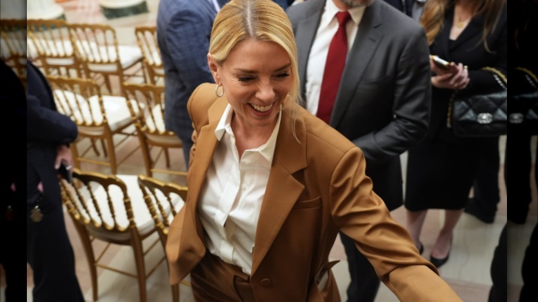 Attorney General Pam Bondi departs after President Donald Trump spoke about the Iran war from the Cross Hall of the White House on April 1