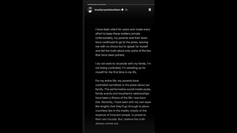 Brooklyn Beckham's Instagram Story about his family