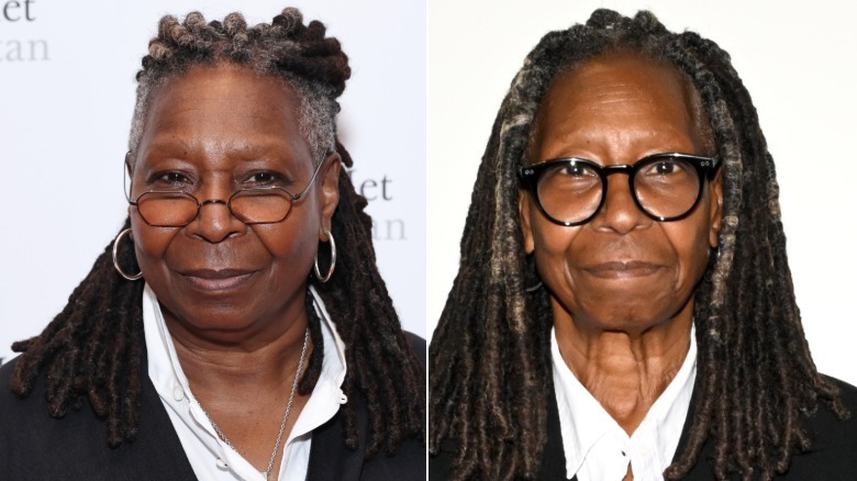 (Left) Whoopi Goldberg posing on the red carpet in 2023